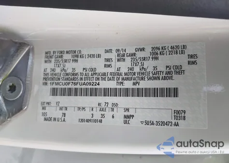 2015 Ford Escape S z USA, uszkodzony, nr VIN 1FMCU0F76FUA09224